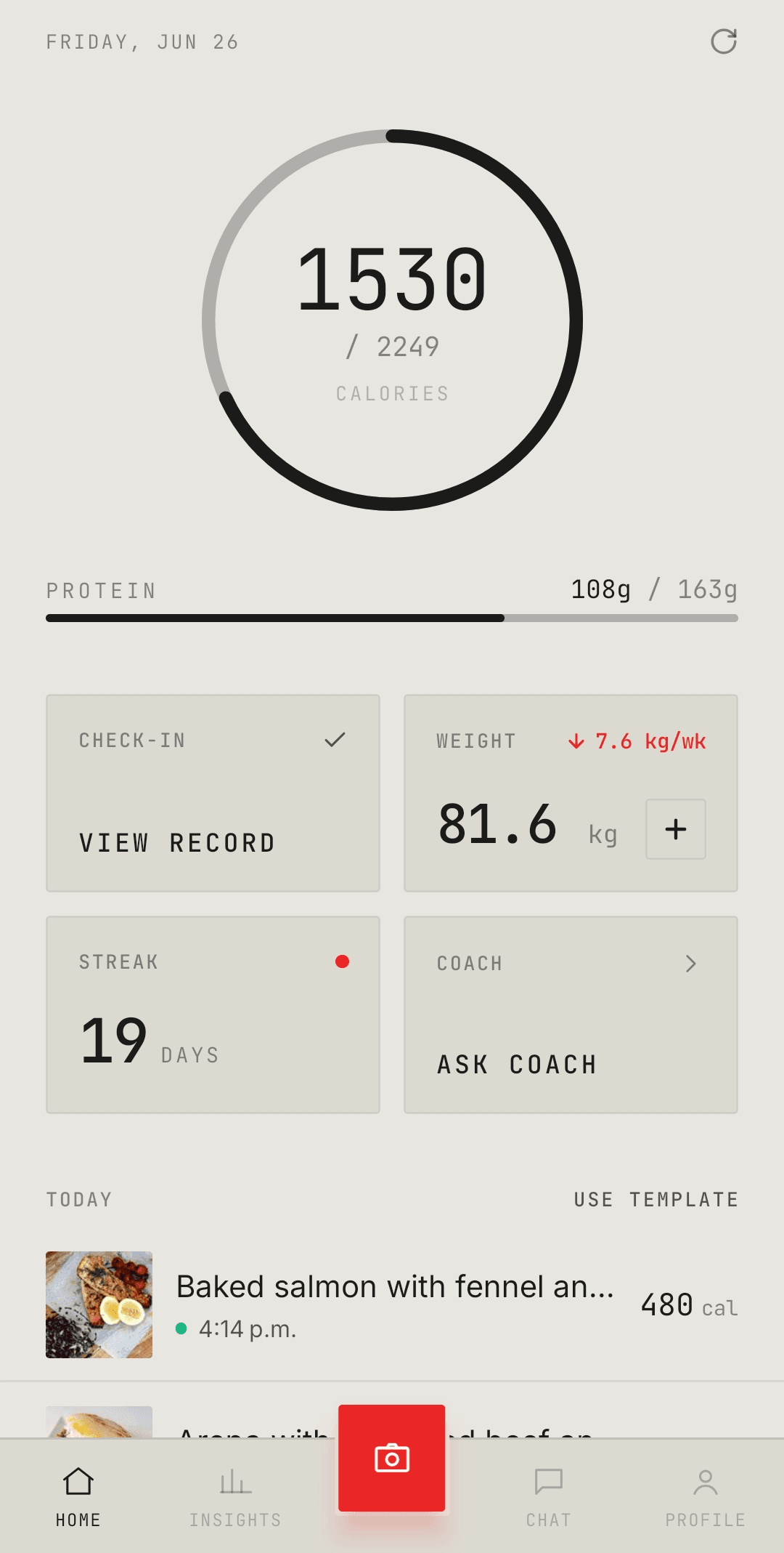 Scan-first logging: the camera front and centre, the day's meals already parsed to calories