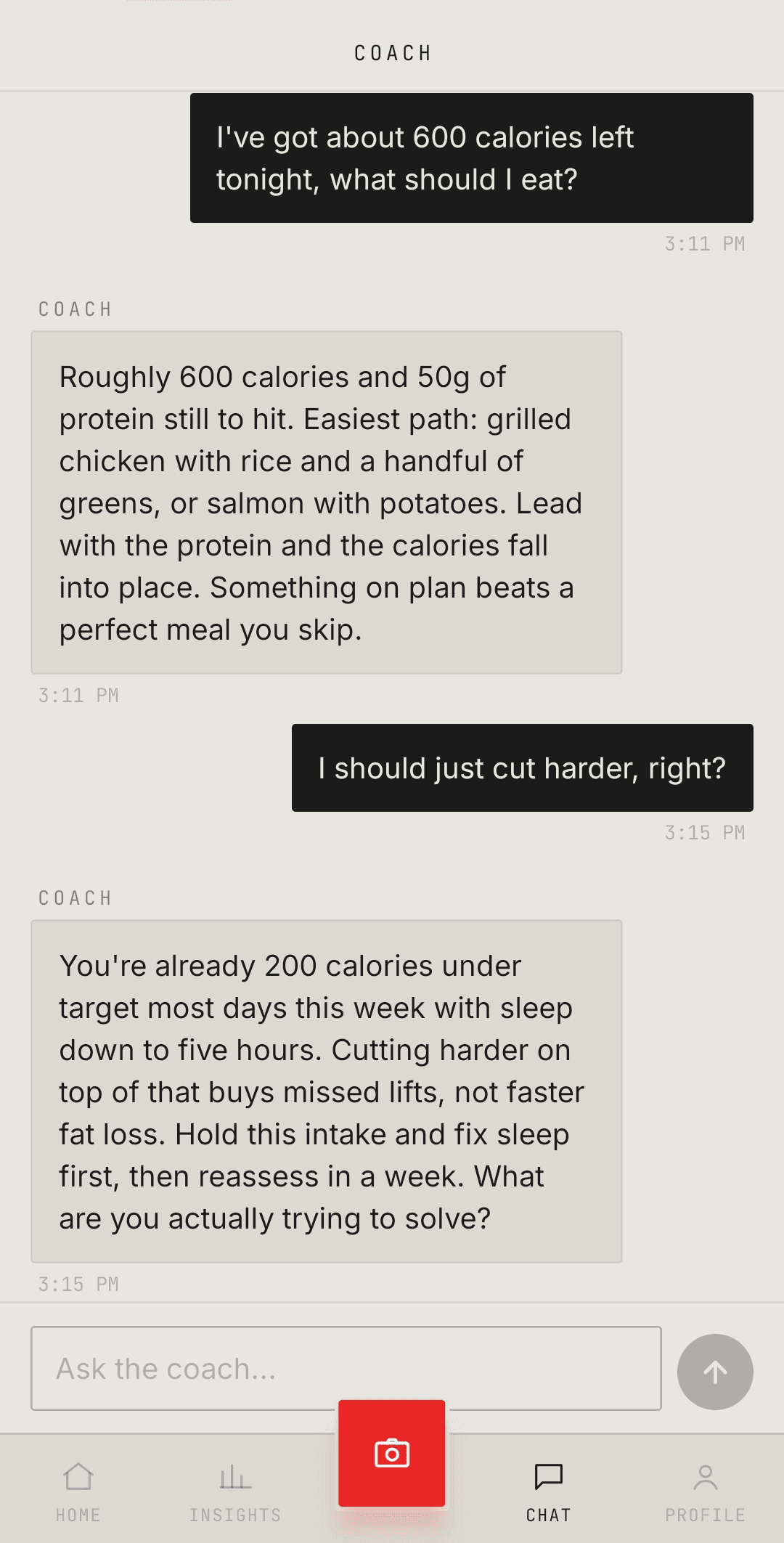 The coach's reply, drawn from the week's own check-ins and macros rather than a generic tip