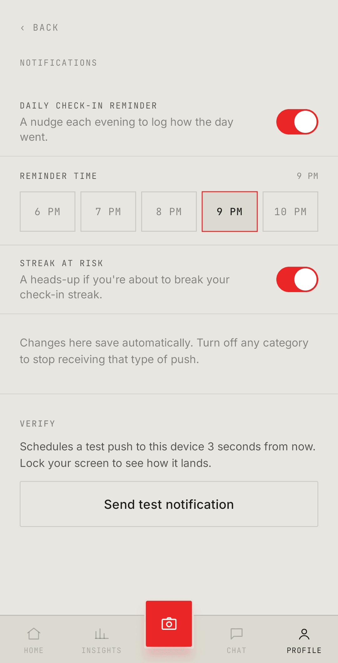 Notification settings: the reminder categories and the evening send-window each user picks