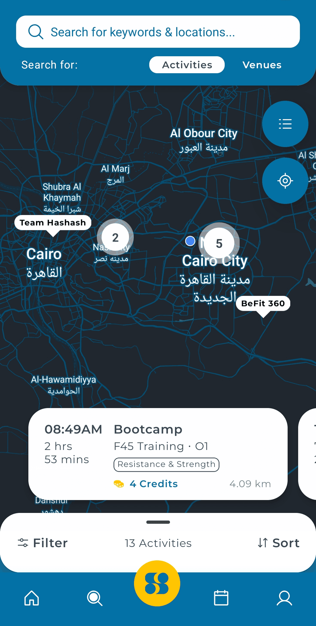 البحث على الخريطة: دبابيس منشآت مجمّعة عبر القاهرة، مع تصفية وترتيب في اللوحة السفلية